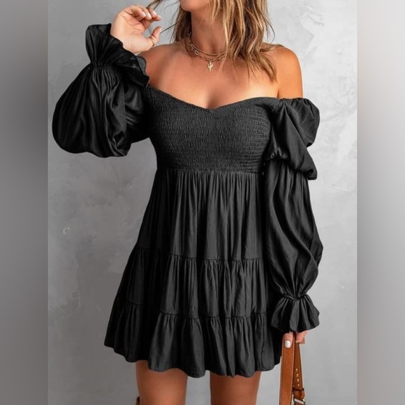 Dokotoo NWT Off The Shoulder V Neck Long Sleeve Ruffle Flowy Mini Dress XL - Picture 2 of 7